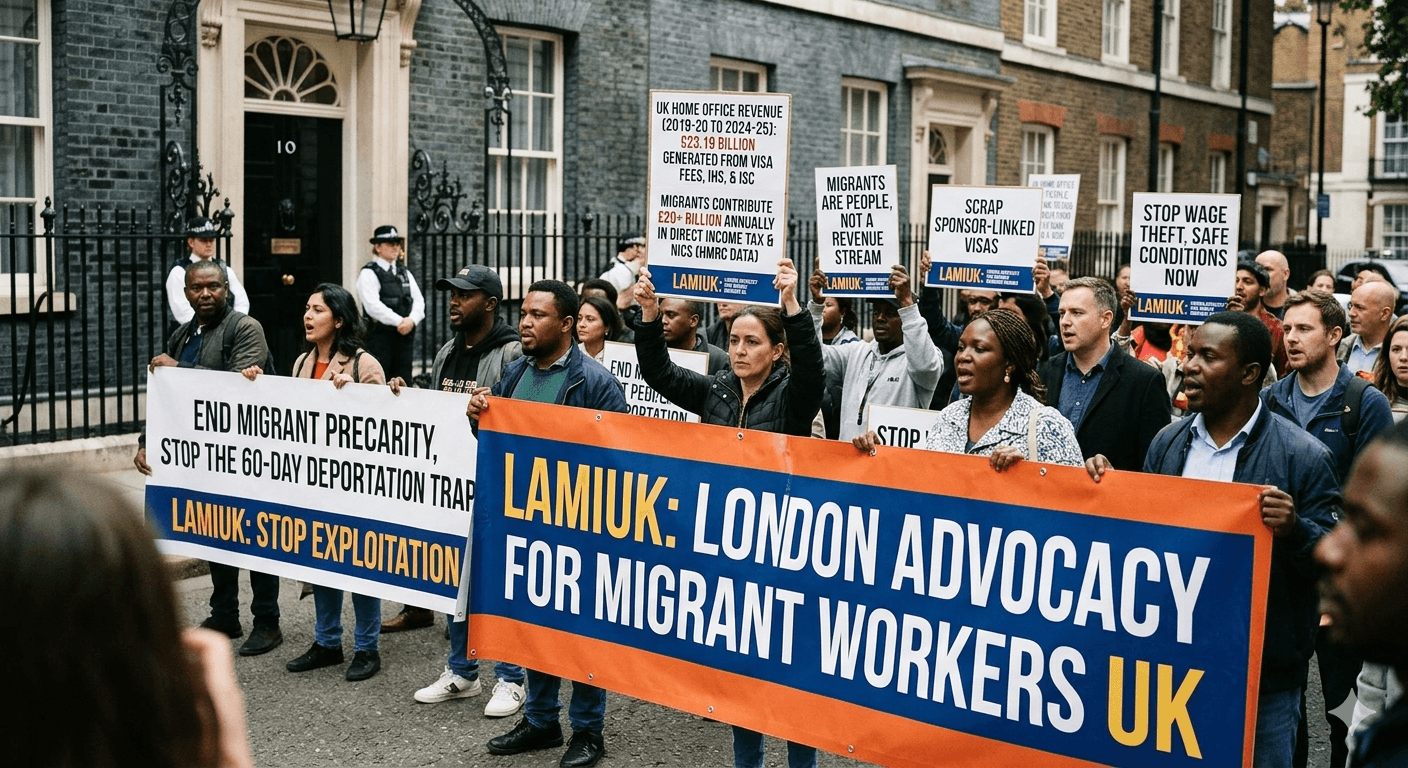 LAMIUK members campaigning to end migrant precarity in London
